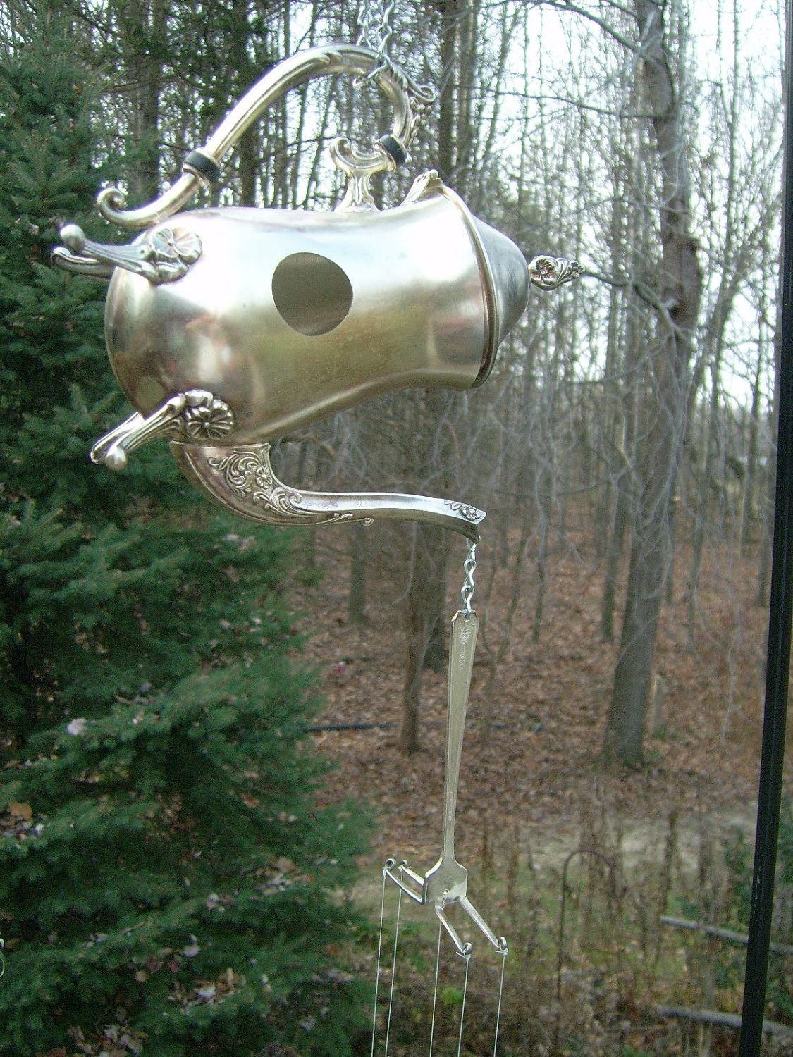 Silver Teapot Birdhouse and Wind Chimes by Birdhousesandbuds