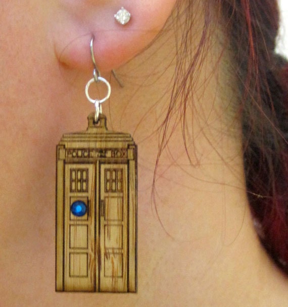 Police Box 2-sided Earrings - Laser Cut Bamboo with Tardis Blue Swarovski Crystals and stainless steel ear hooks