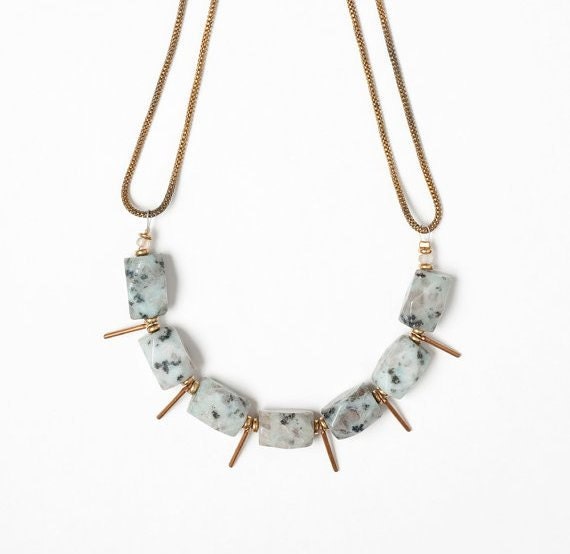 Mint Sesame Jasper and Vintage Brass Stick Drop Bead Necklace on a Vintage Brass Snake Chain