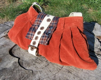 Recycled Purse - Repurposed Pleated Corduroy Pants -  Floral Lining Plaid Belt Strap