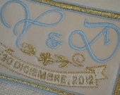 Custom Embroidered Wedding Dress Label French Silk Satin, Light blue with Gold Thread