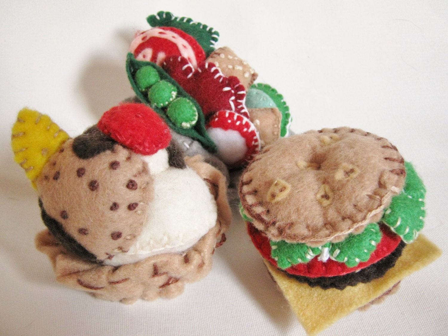 Pretend Play Cheeseburger, Banana Split sundae and Veggie Basket hand made felt toys