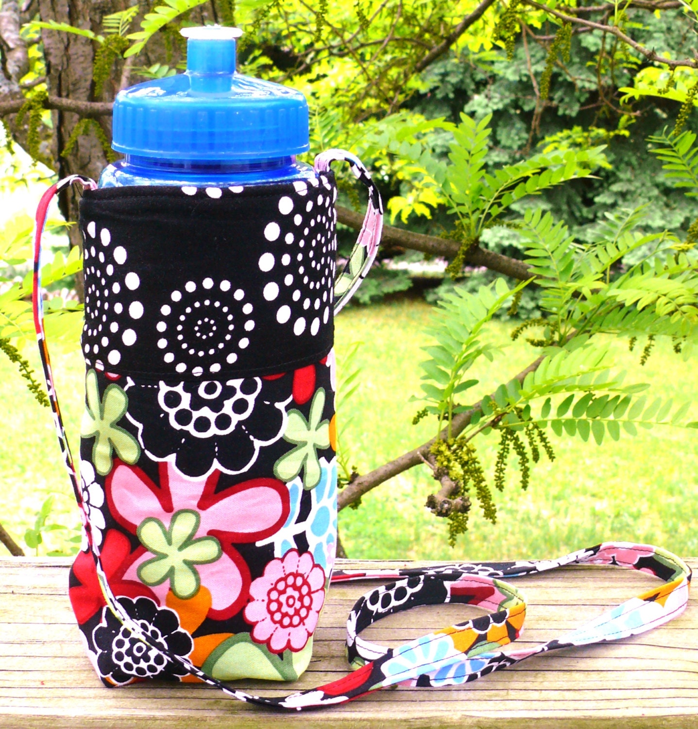 Black White w Colorful Flowers Water Pop Bottle Cozy Holder Sling