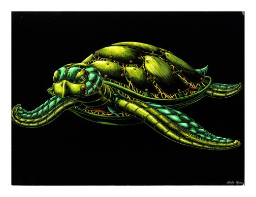 Robot Sea Turtle - Art Print - Original on Scratchboard