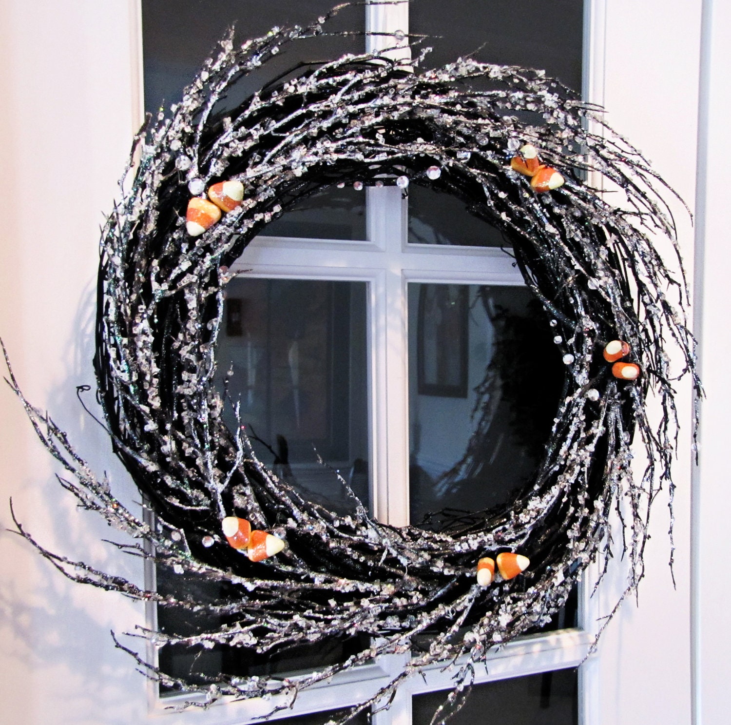 Fall Halloween Wreath Icy Black Twig Branches, Sparkly Candy Corn - divinegrapevine