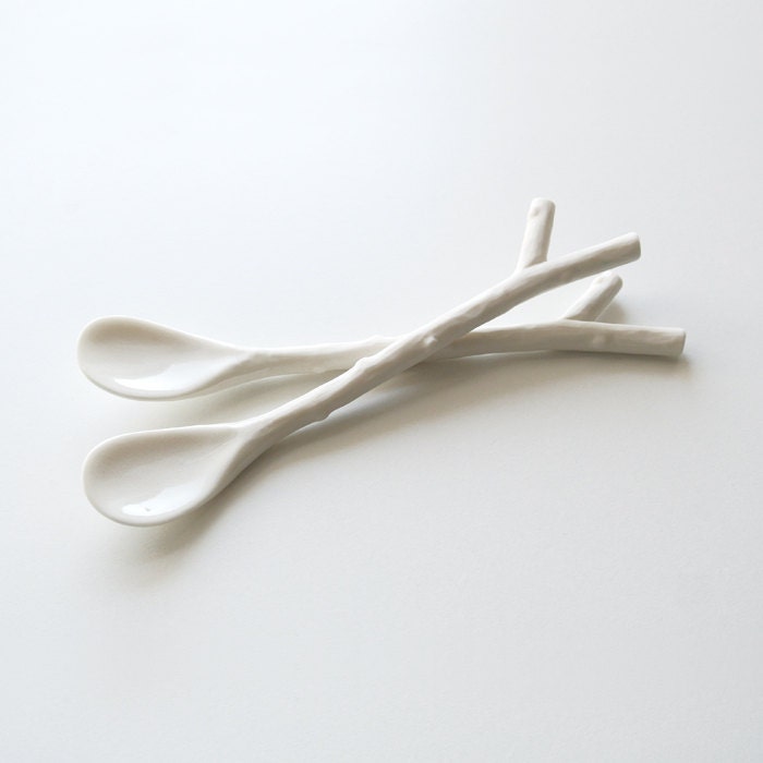 15% OFF SALE - Coupon code SALE15OFF - Porcelain Twig Spoon - Set of 2 - MichikoShimada
