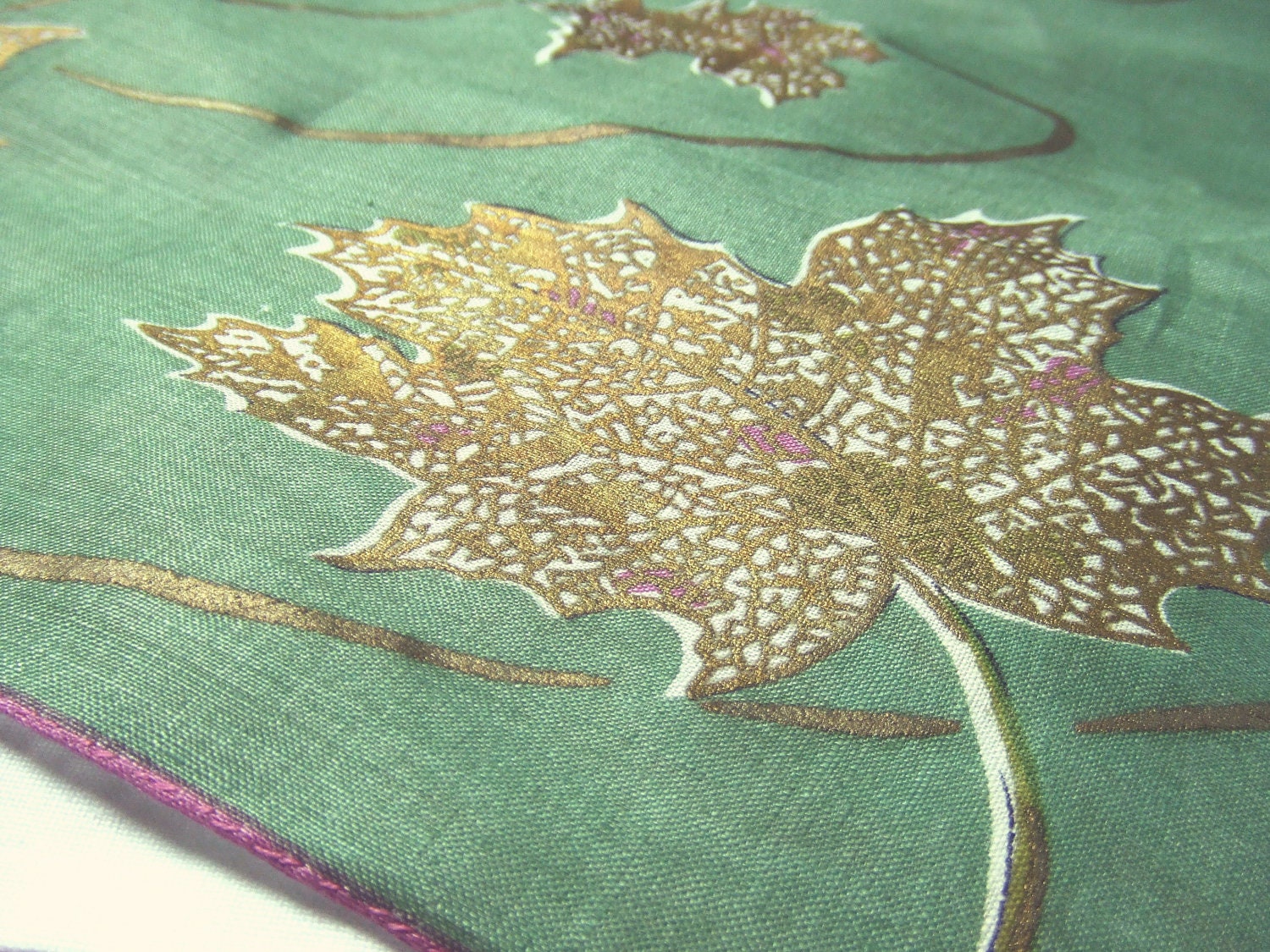 Vintage Green Linen Handkerchief Gold Metallic Leaves