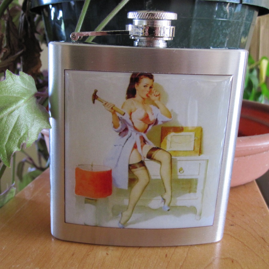 Pin Up Girl Sexy Carpenter Liquor Hip Flask