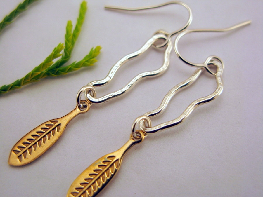 Sale - Silver and brass dangle feather earrings - sterling silver abstract earrings - handmade metalwork jewelry