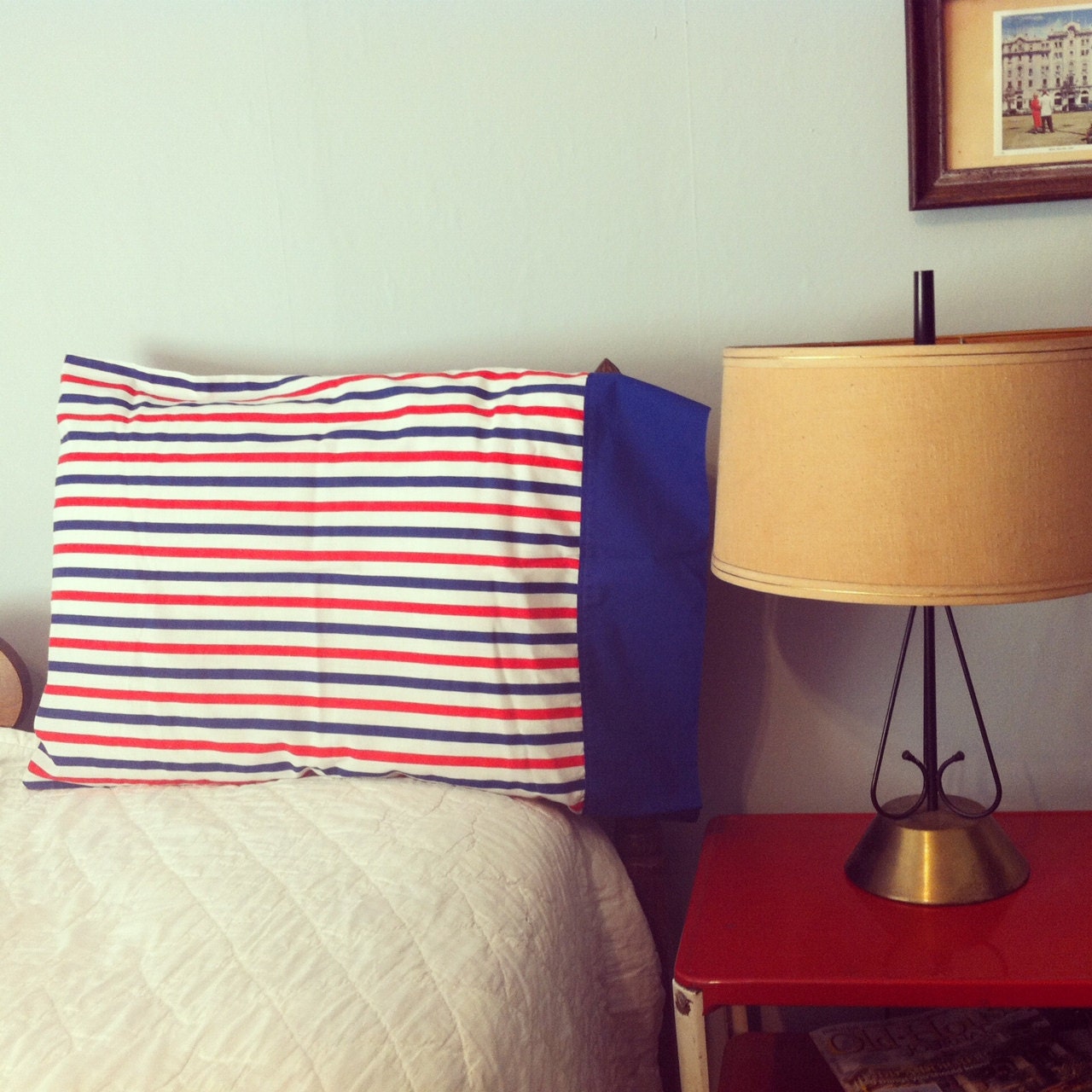 Vintage Grants Red White Blue Striped Pillowcase Set