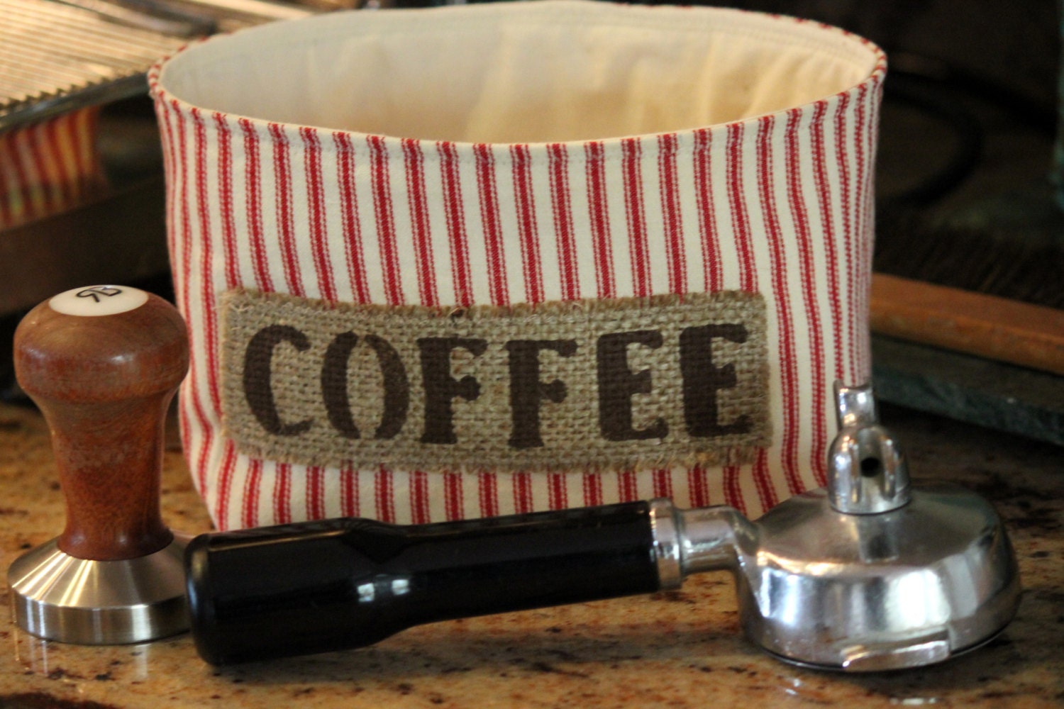 Farmhouse Coffee Fabric Basket in Stripe Ticking Fabric - Choose Your Color - Medium Size