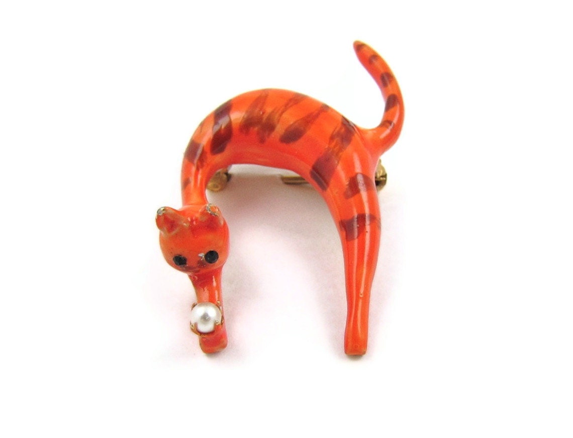 Playful as a Kitten - Vintage Original by Robert Signed Enamel Brooch, Orange Tabby Cat with Arched Back and Faux Pearl Ball - OrbitingDebris