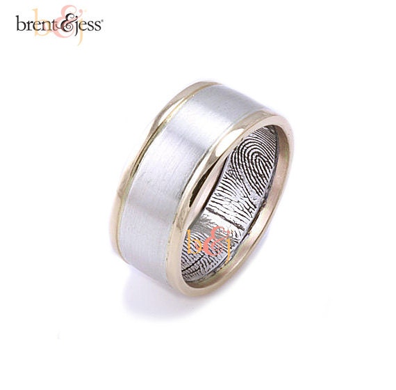 8/9mm Sterling Silver and 10k Yellow Gold Low Profile Wire Sides 9mm wide Custom Fingerprint Wedding Commitment Band in Size 10