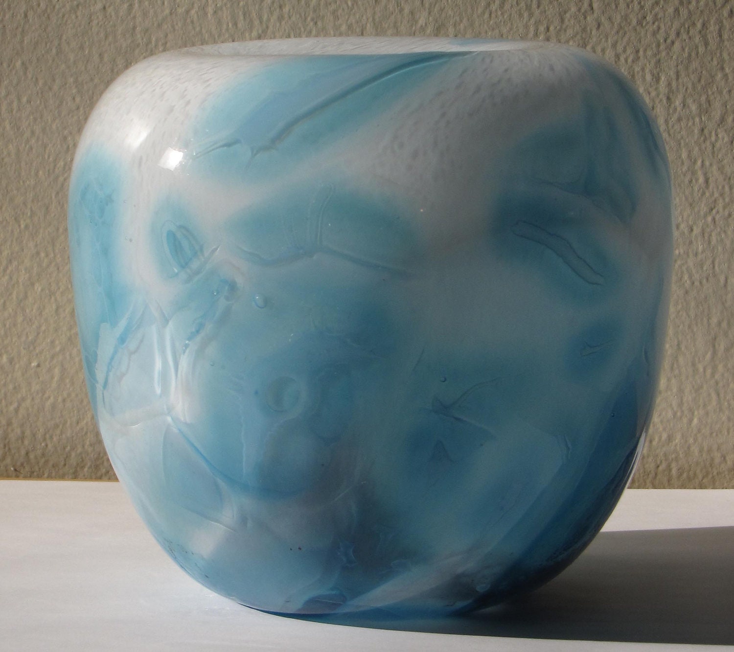 Hand Blown Glass White and Teal Shard Bowl Vase