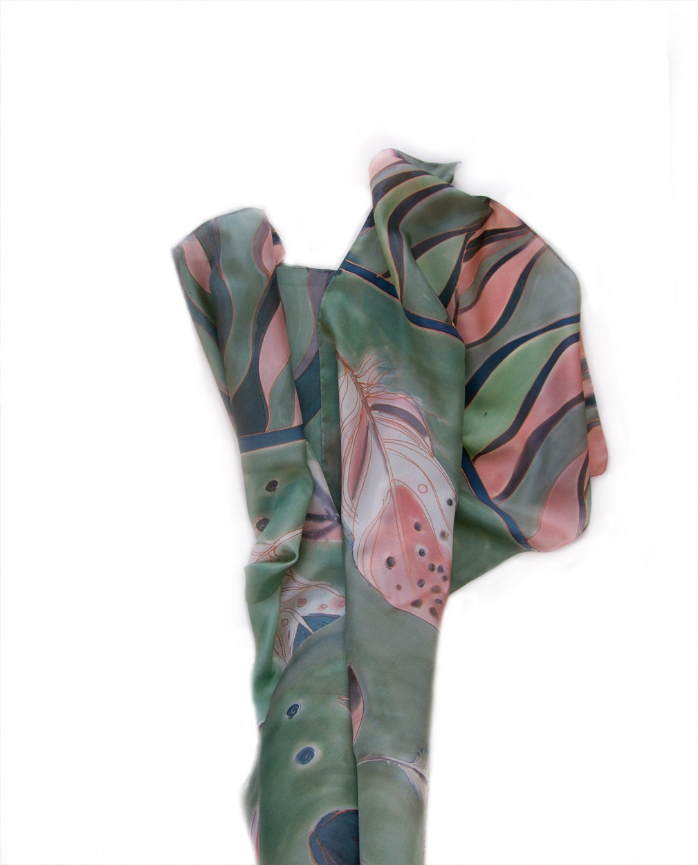 Hand painted silk scarf-Feathers in mint and coral-hand painted silk scarf