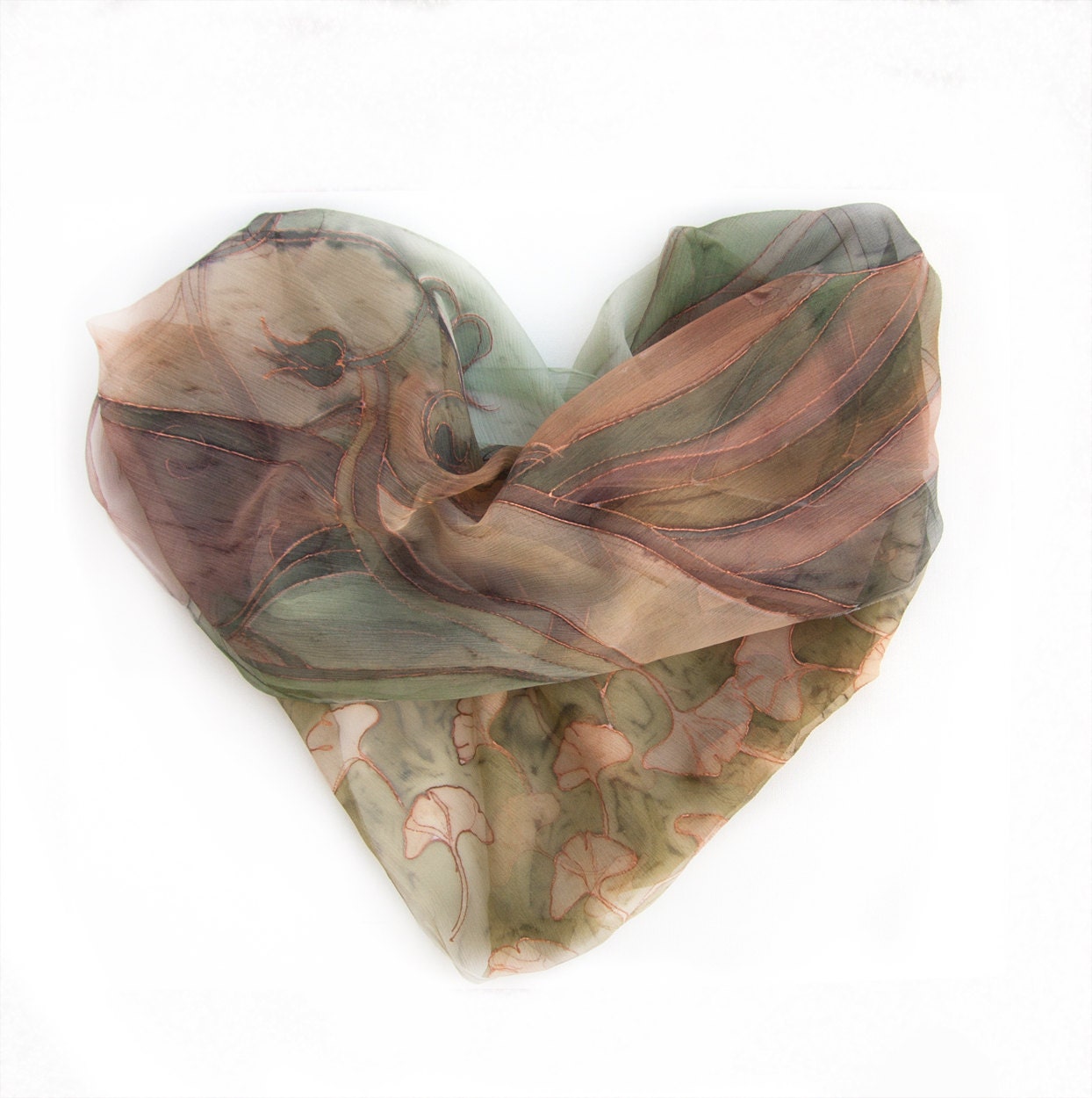 Hand painted silk chiffon scarf Green Ginkgo leaves-Green,beige,sands,hand painted silk scarf RESERVED to YIN QIN
