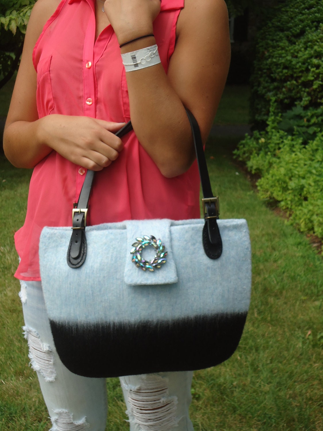 Tote Handbag Purse Large Wool Hand knit Felt  Blue and Black Leather Handles