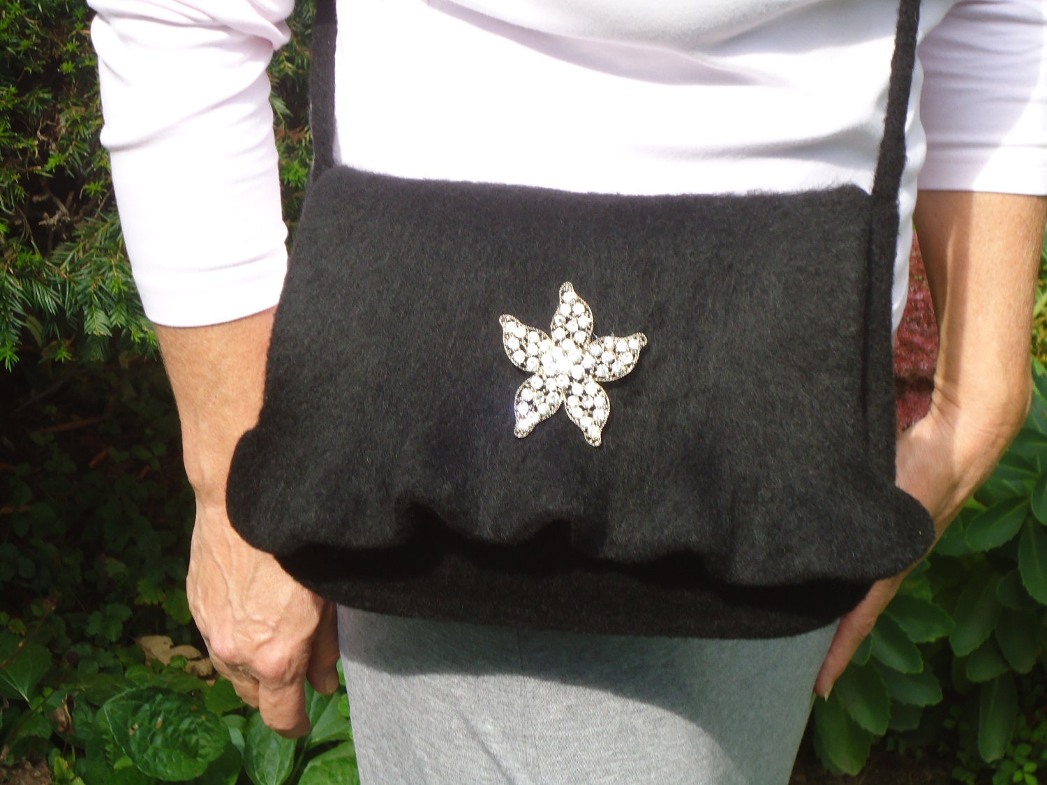 Messenger Bag Purse Wool Felt Black Ruffles Winter 2012