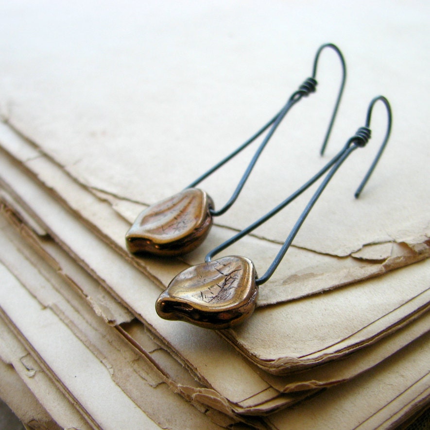 Sterling silver earrings, Czech glass beads, leaf earring, minimalist, autumn, rustic earrings - Cardamom