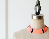 Modern. Colorblocked. Stripes. Neon Orange & Pink Thread Wrapped Statement Bib Necklace - no. 701E
