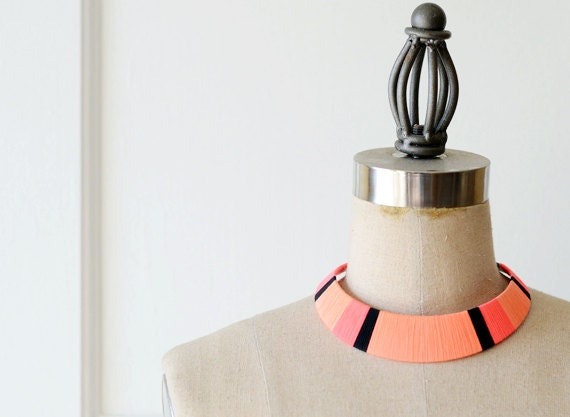 Modern. Colorblocked. Stripes. Neon Orange & Pink Thread Wrapped Statement Bib Necklace - no. 701E