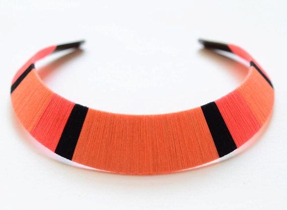 Modern. Colorblocked. Stripes. Neon Orange & Pink Thread Wrapped Statement Bib Necklace - no. 701E