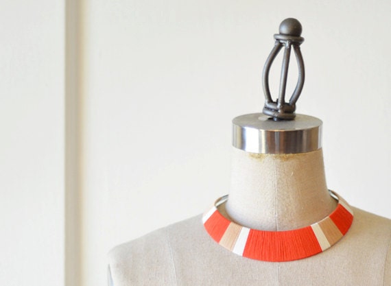 Bold. Colorful. Ethnic. Tangerine Thread Wrapped Bib Necklace - no. 701D
