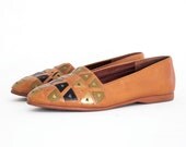 Aztec Triangle Woven Earth Tone Almond Toe Loafers 6.5. Olive Gold & Black On Caramel Leather.