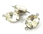 2 - Vintage Glass Oval Stones in 2 Rings Silver Antique Brass Prong Settings - Crystal - 12x10mm