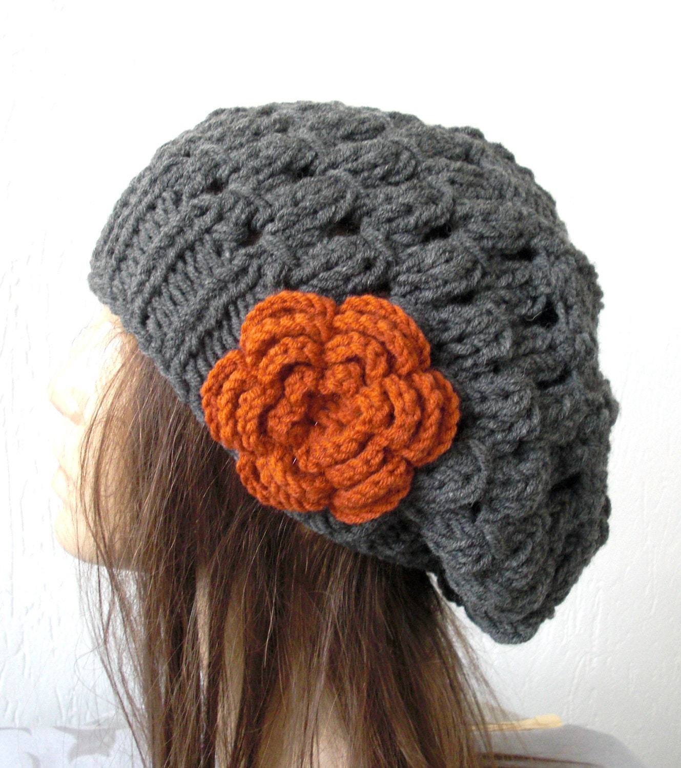 Hand Knit Womens  Hat   beret  Beanie in Charcoal Gray with  flower   Slouchy French   Beret Fall Autumn   Winter Accessories  Fashion