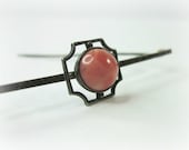 1920s Vintage Art Deco Bar Pin - Sterling Silver - Coral Glass - Dainty - Geometric - Greek Key Design - Great Gatsby Style
