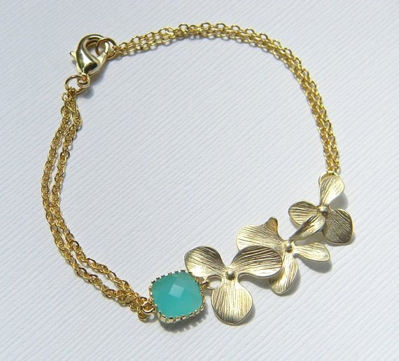 Bridesmaid Bracelet - Gold Orchid Bracelet - Aqua Mint Blue Ice Bracelet - Gold Filled Bracelet - Gift for Her