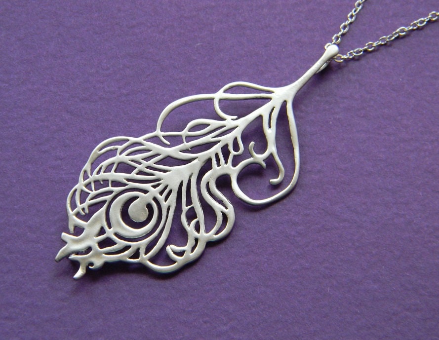 Peacock Feather Necklace - Rhodium Necklace - Bohemian - Boho Chic - Gift - Bridesmaid - Silver Filled