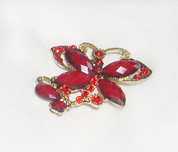 Vintage Goldtone Red Butterfly Brooch with Rhinestones