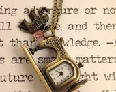 Vintage Style Bronze Sewing Machine Clock Pocket Watch Pendant Necklace with Elephant and Light Pink Jewel