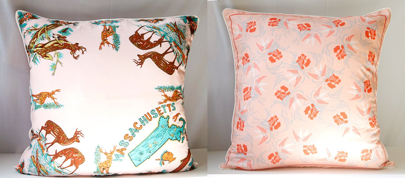 Vintage Scarf Pillow Cover Massachusetts  Pink, OOAK Eco-Chic Upcycled, Decorative Throw Cushion Holiday Gift  25x25