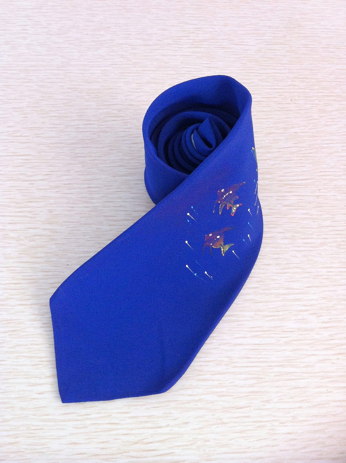Vintage Vogue Tie -1950s  Painted Fish Blue Necktie