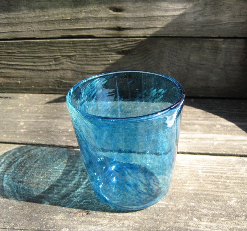 Artisan hand blown drinking glass aqua with golden tones   AIG - c