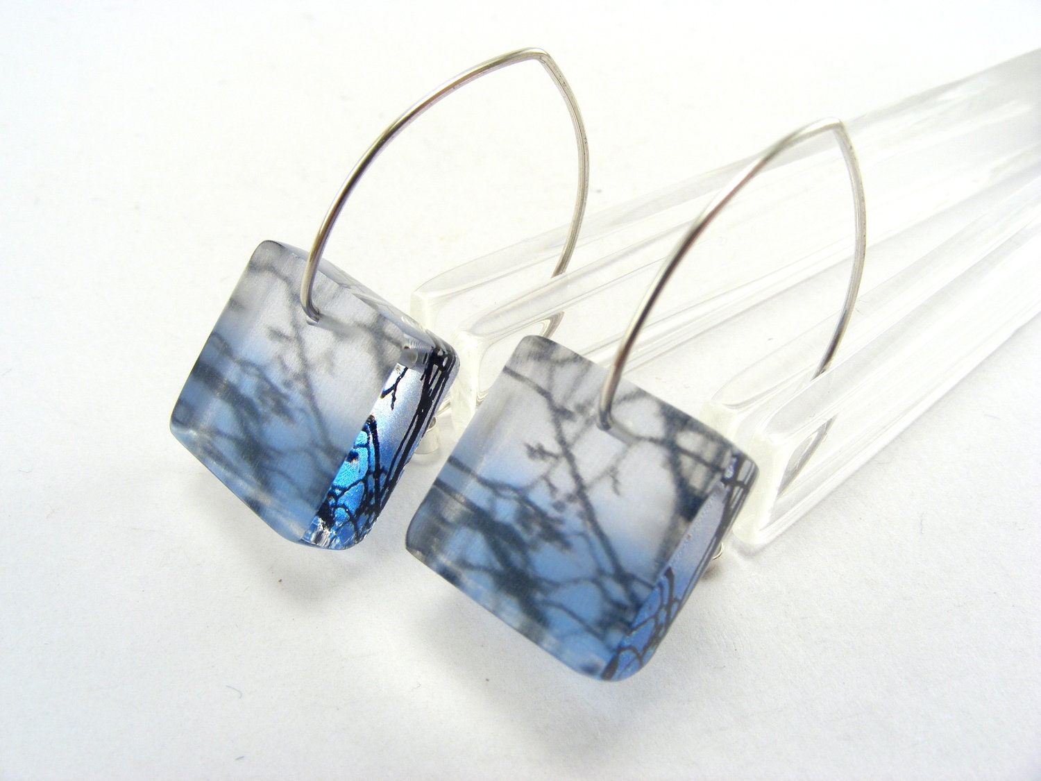 Black Silhouette Branches Earrings, Blue Spring Square Plexiglass Handmade Drops