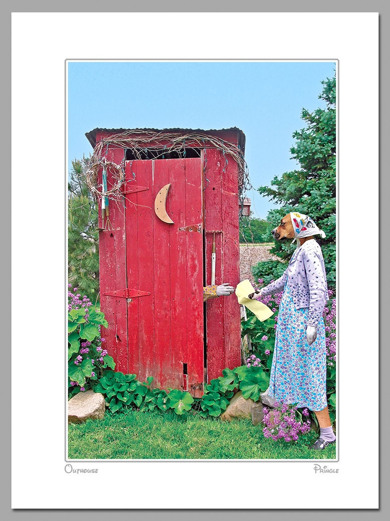 Outhouse, 11 X 14 matted photograph, features two dog people, one reaching for toilet paper. Fun bathroom art.