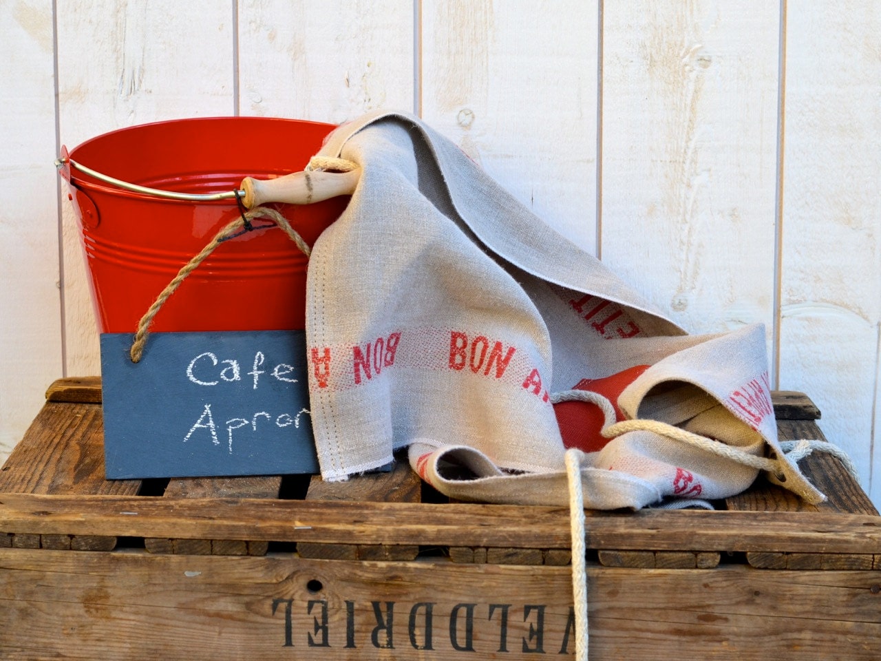 French Cafe Apron BON APPETIT RED French country  Linen / shabby chic kitchen