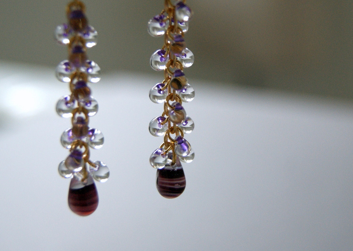 Long Purple Drop Cascade Cluster Earrings - Glass, Black, Matte Gold, Amethyst, Spring, Summer