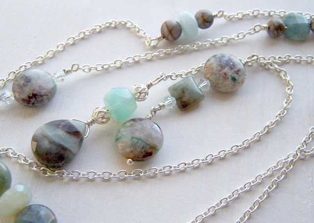 peruvian blue opal, ocean jasper in blues and browns, swarovski crystal, aquamarine, silver long lariat necklace -  la mer