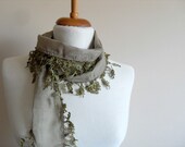 Cotton Scarf - Cowl Scarf with Lace Edge -Khaki Green Scarf