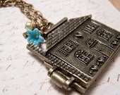 Home is Where the Heart Is...House Locket With Flower, Freshwater Pearl and Key charm...House Opens to Reveal Tiny Furniture