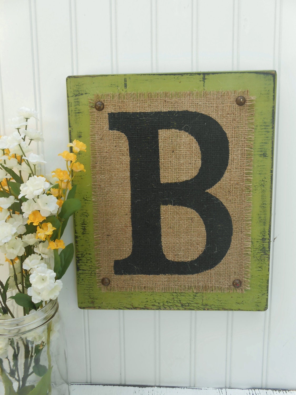 Green apple, name initial, B, your choice letter color, burlap home decor