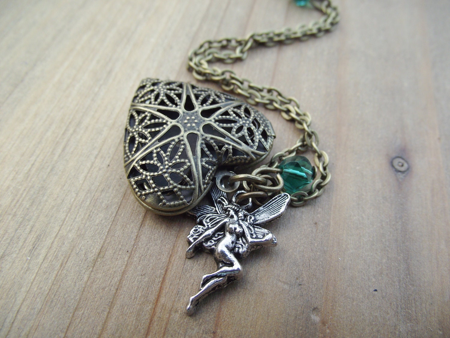 Absinthe Fairy - Fairy and Metallic Czech Glass Beads, Heart Locket Necklace