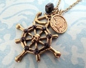 Pirates. Ship Steering Wheel, Anchor and Coin. Nautical Charm Necklace.