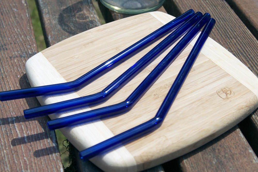 Eco-Glass Straws - Set of 4 Cobalt Blue Bended Reusable Straws- Lifetime Guarantee - Pretty and Eco Friendly