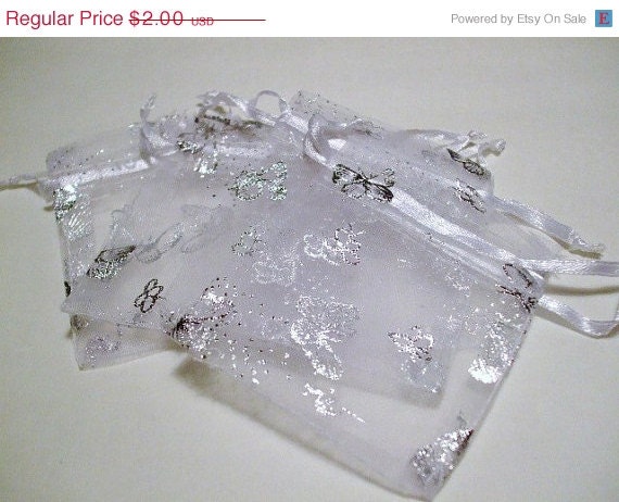 CIJ-JULY 4TH Sale 10 Count White & Silver Butterfly Organza Voile Jewelry, Wedding, Favor Gift Bags